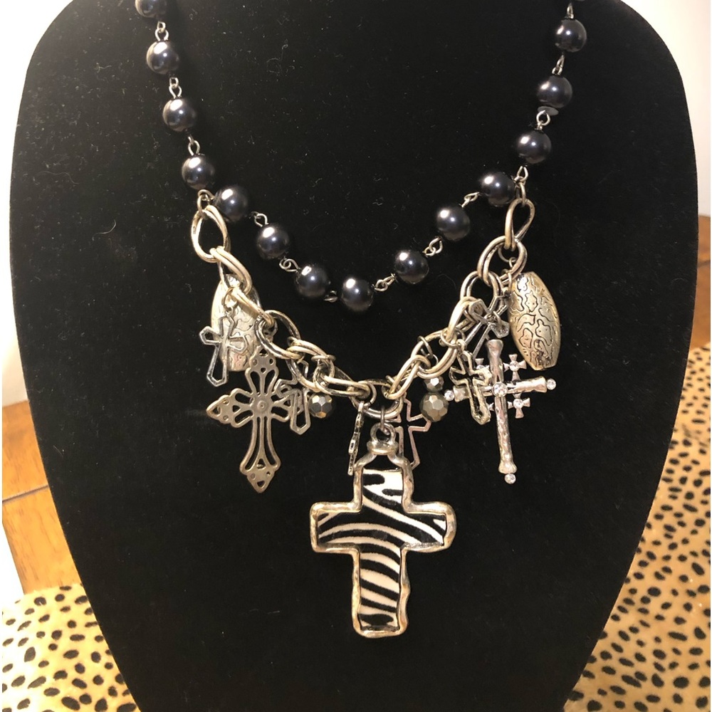 Beautiful Cross Costume Necklace silver Color with Black beads.